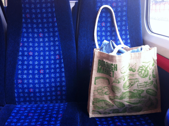 still life on train with shopping