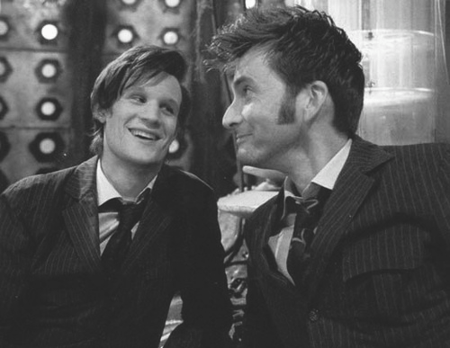 Matt Smith and David Tennant on the TARDIS set