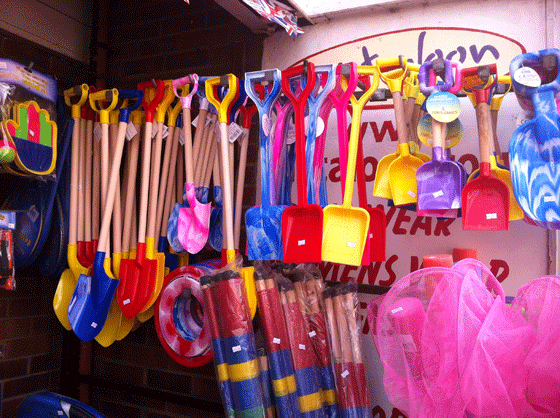 colorful plastic beach shovels
