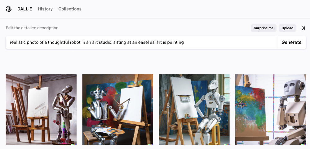DALL-E generated images of AI robots painting at easels